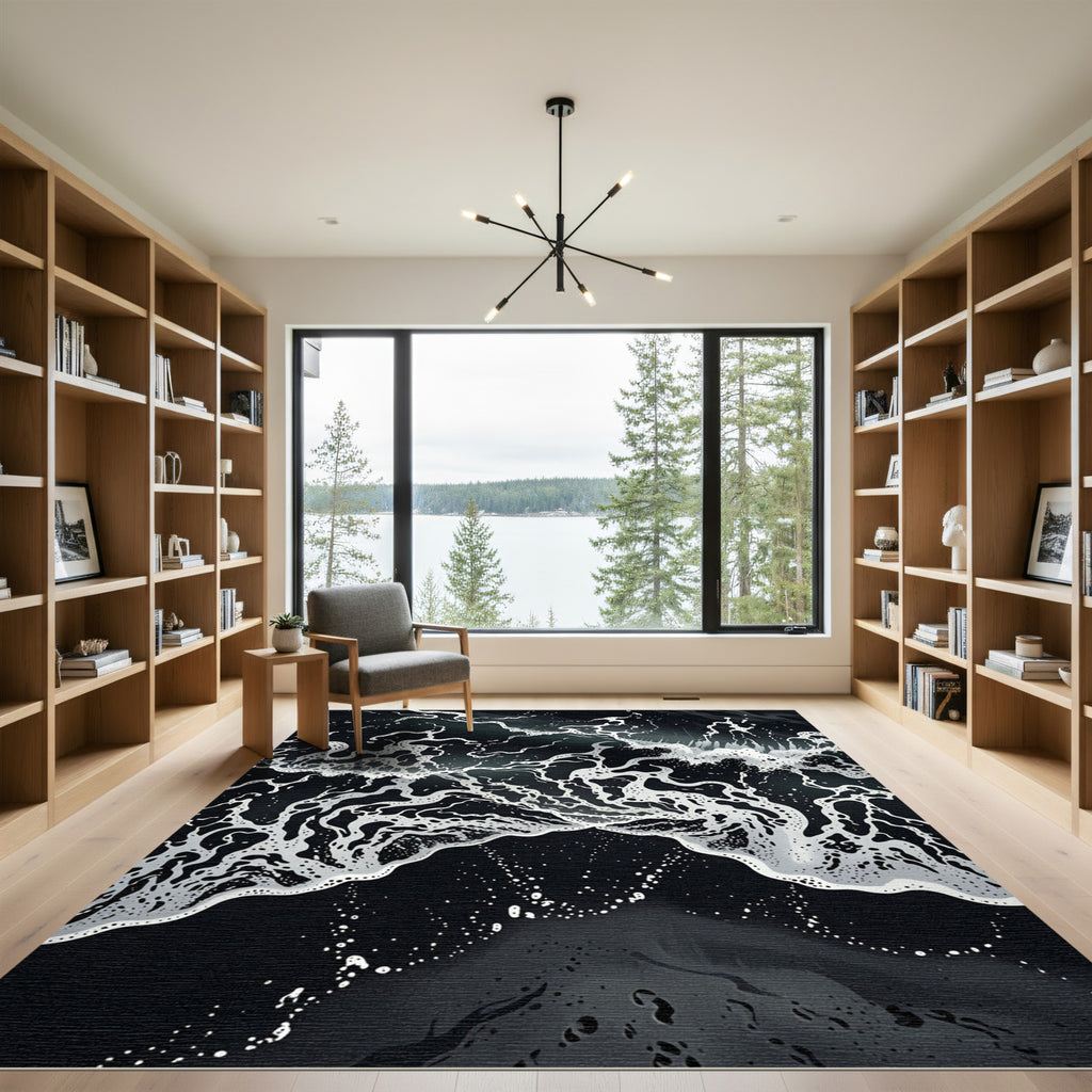 Dark Ocean Foam Abstract Wave Rug