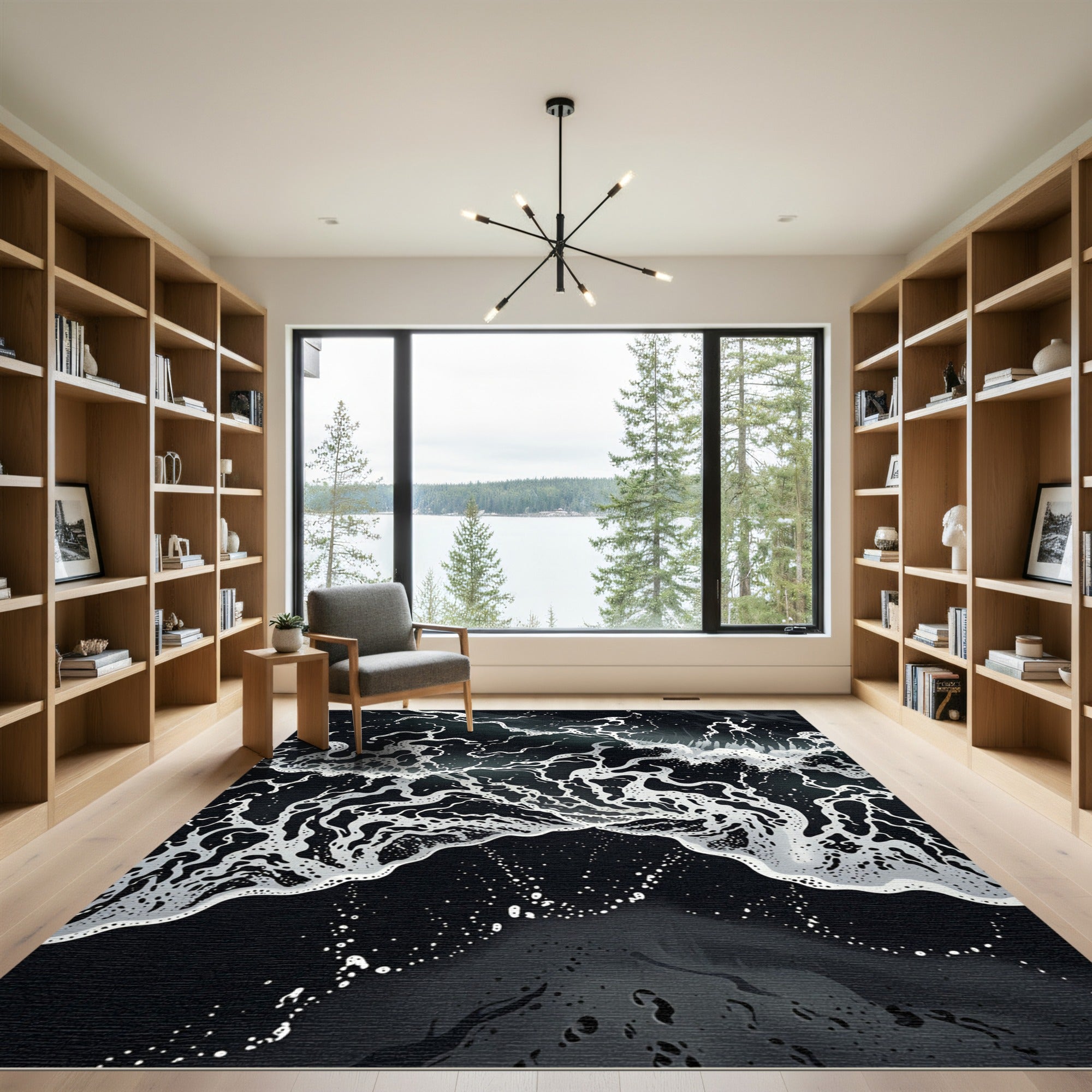 Dark Ocean Foam Abstract Wave Rug
