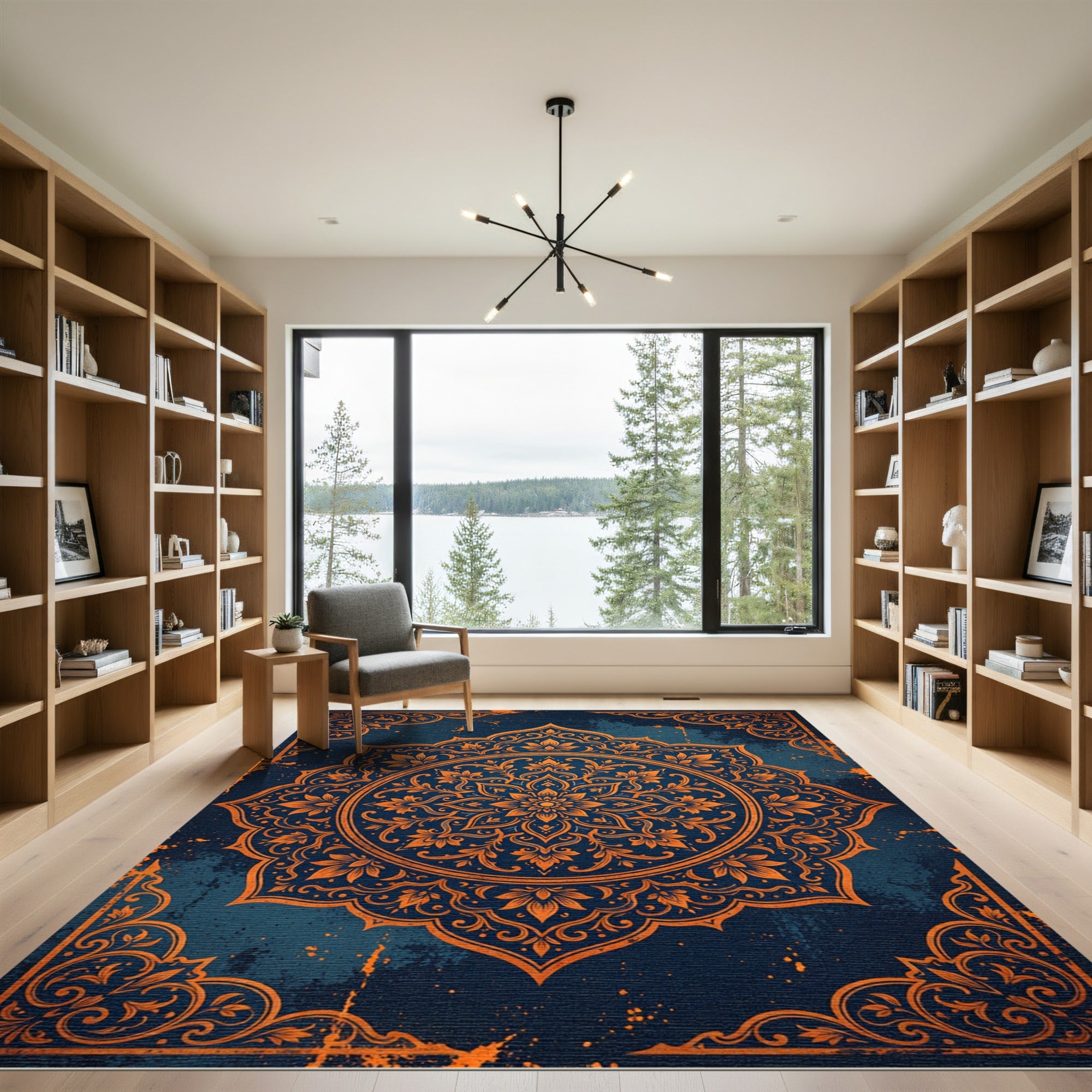 Ornate Amber Floral Medallion Navy Rug
