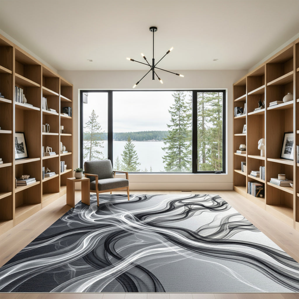 Monochrome Flowing Abstract Smoke Swirl Rug