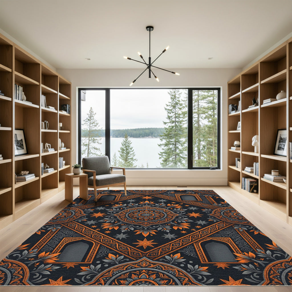 Ornate Midnight Orange Floral Star Medallion Rug