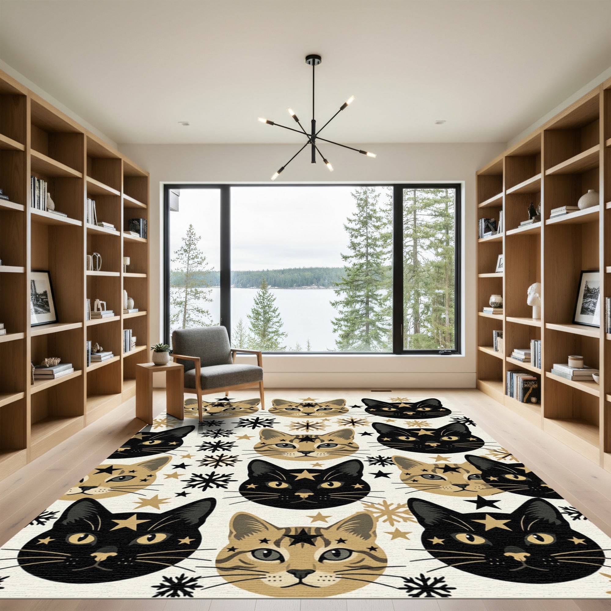 Whimsical Celestial Cats with Gold Snowflakes Rug