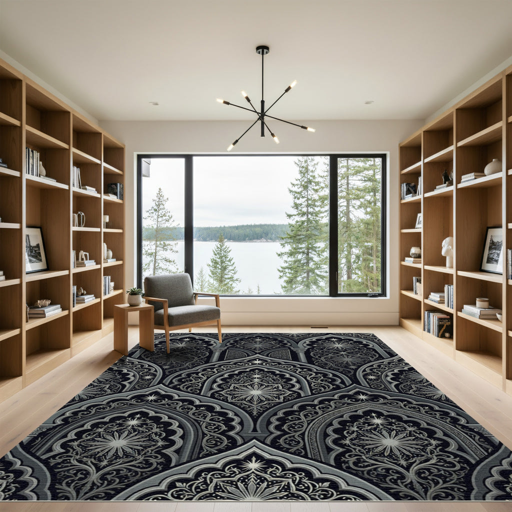 Gothic Arched Celestial Midnight Silver Tapestry Rug
