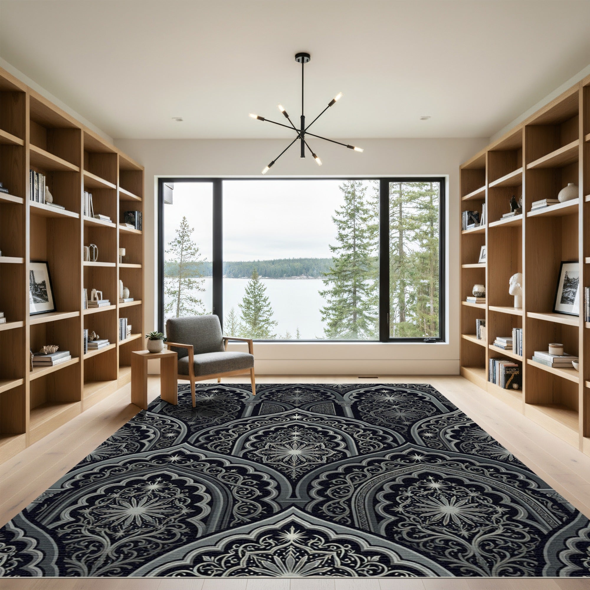 Gothic Arched Celestial Midnight Silver Tapestry Rug
