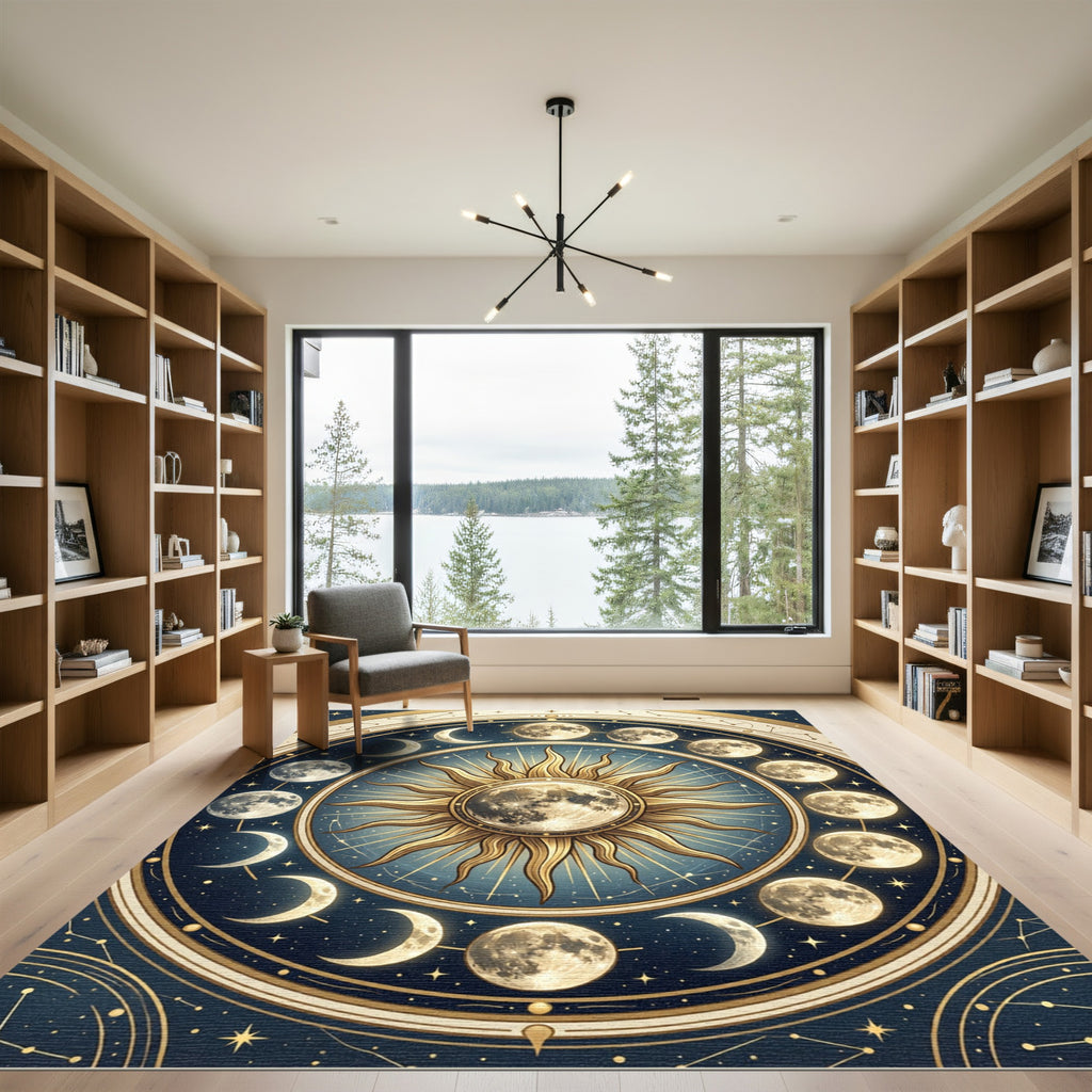 Celestial Golden Moon Phase Sun Rug