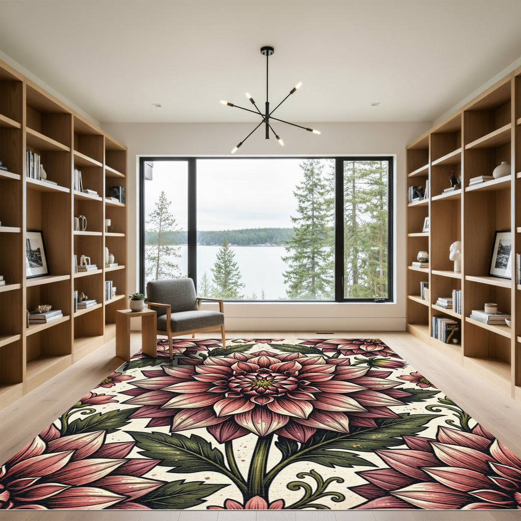 Blush Pink Dahlia Botanical Illustration Rug