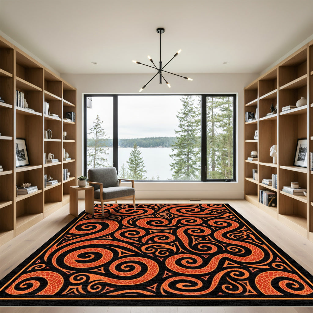 Orange Serpent Swirl Abstract Composition Rug