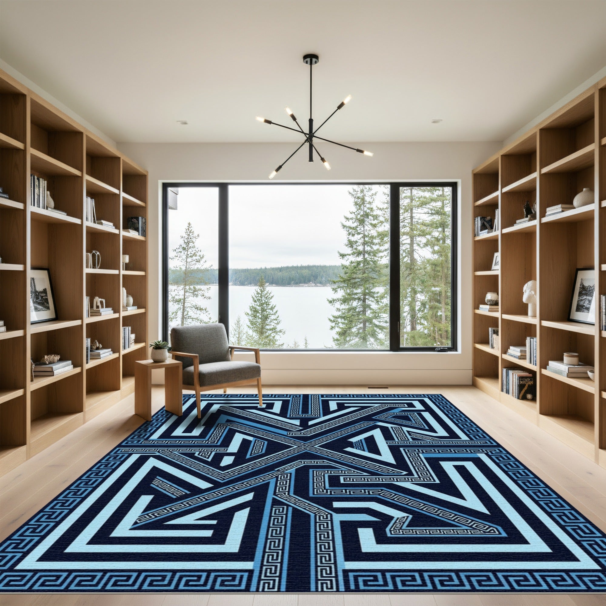 Navy Blue Greek Key Geometric Maze Rug