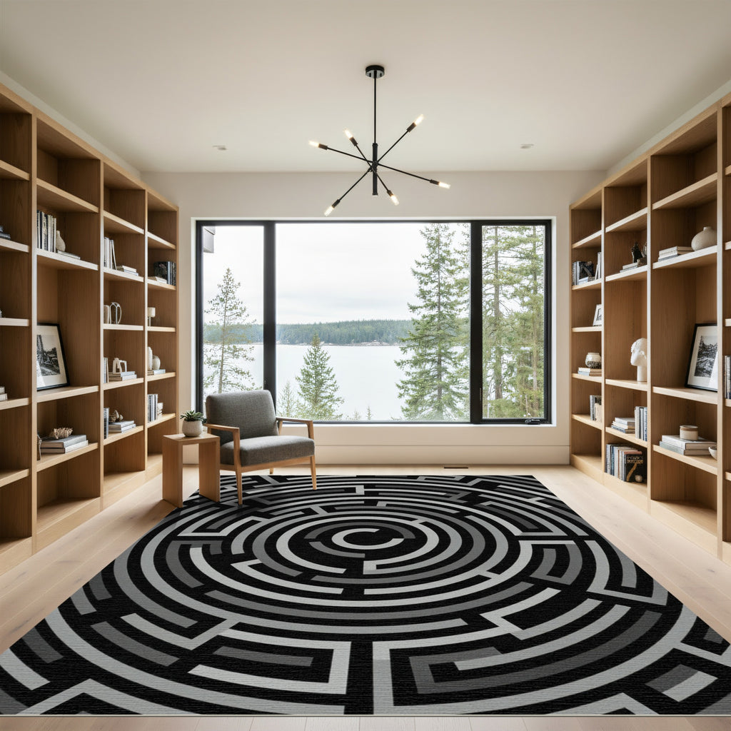Modern Monochromatic Circular Labyrinth Ring Rug