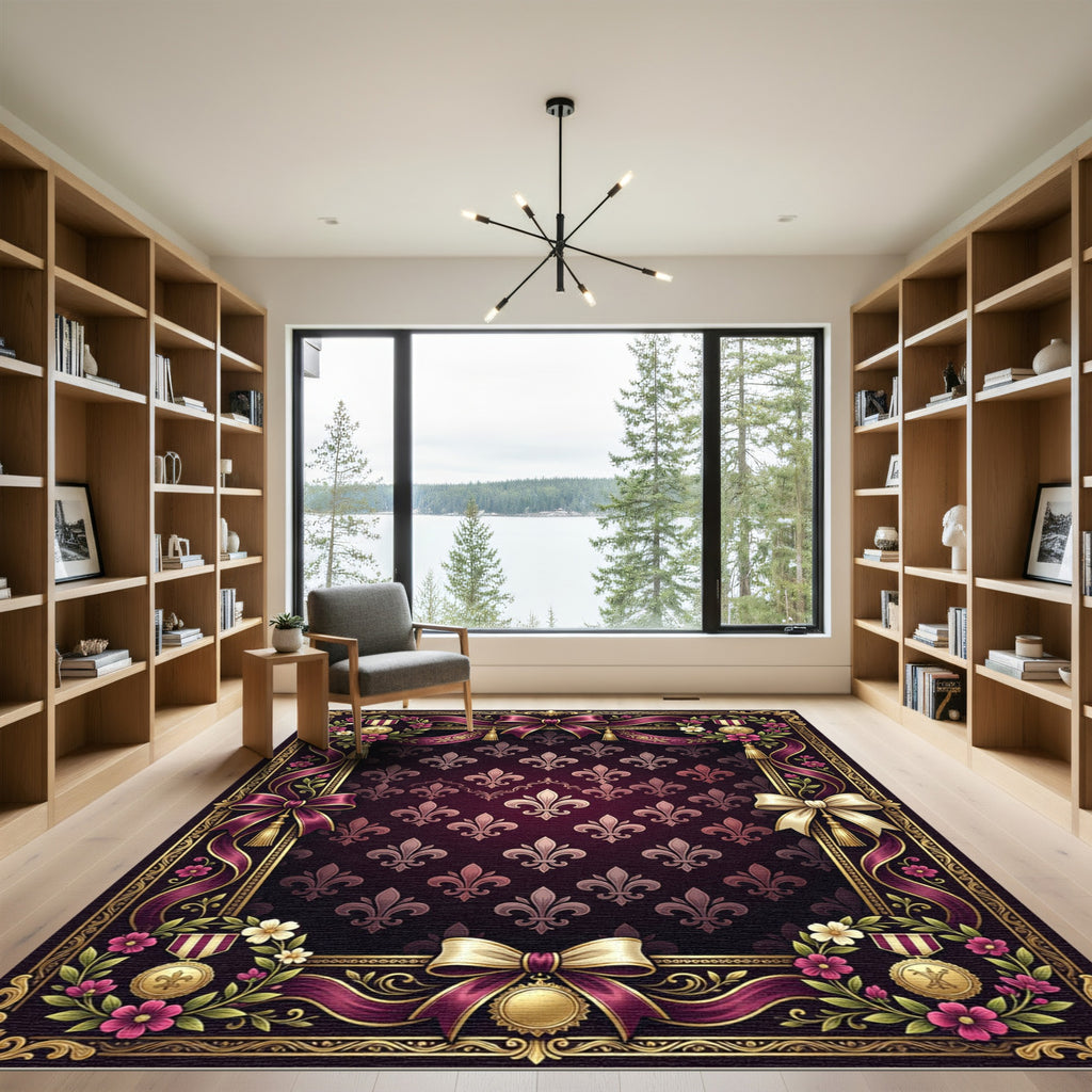 Ornate Plum Fleur De Lis Brocade Ribbon Rug