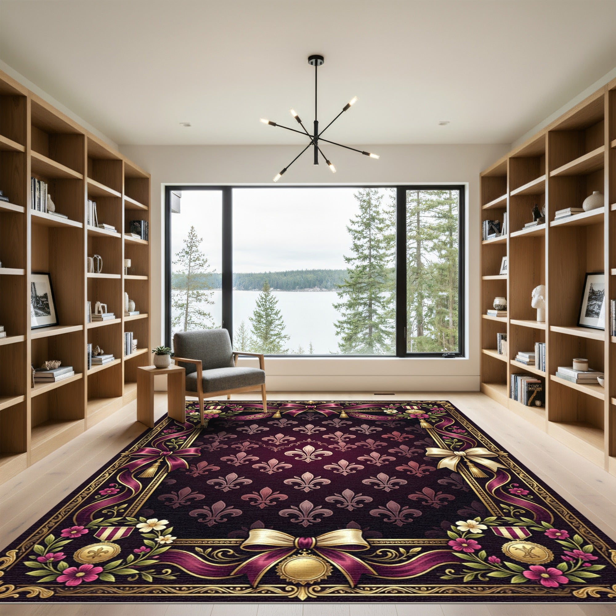 Ornate Plum Fleur De Lis Brocade Ribbon Rug