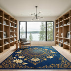 Navy Gold Lotus Floral Medallion Rug