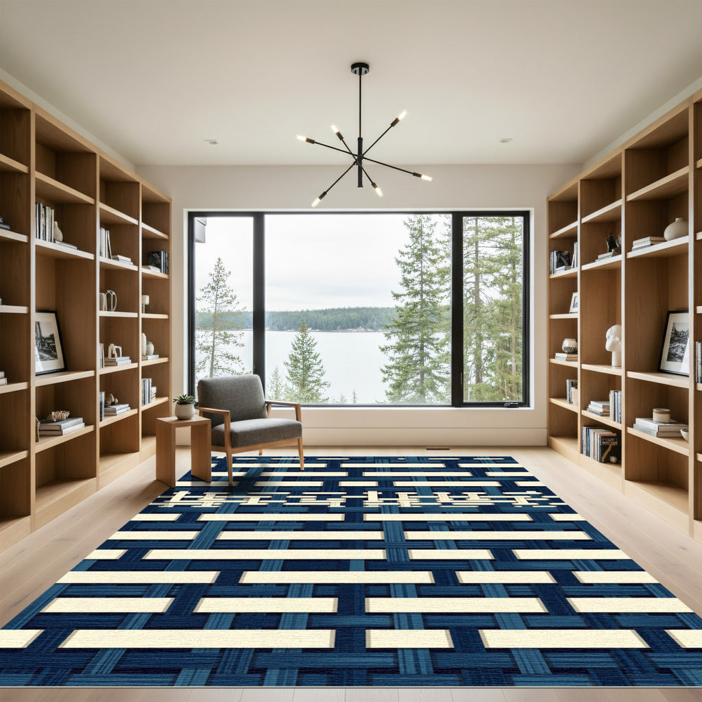 Navy Blue Hand Woven Grid Texture Rug