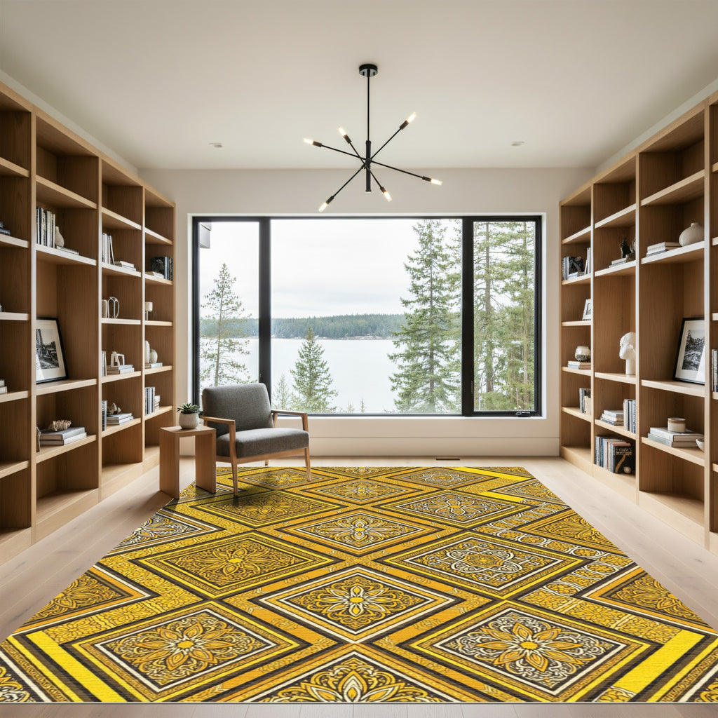 Golden Floral Tile Geometric Damask Rug