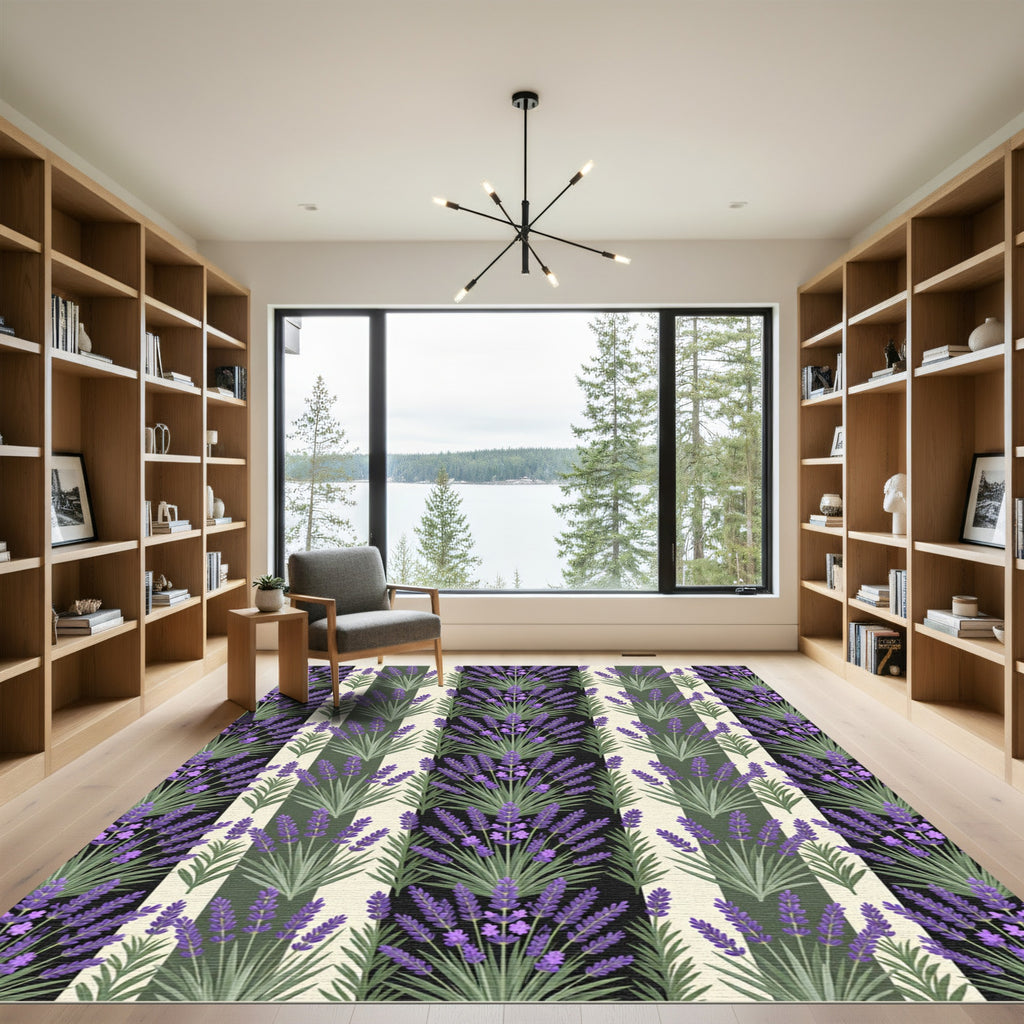 Lavender Sprigs on Striped Sage Background Rug