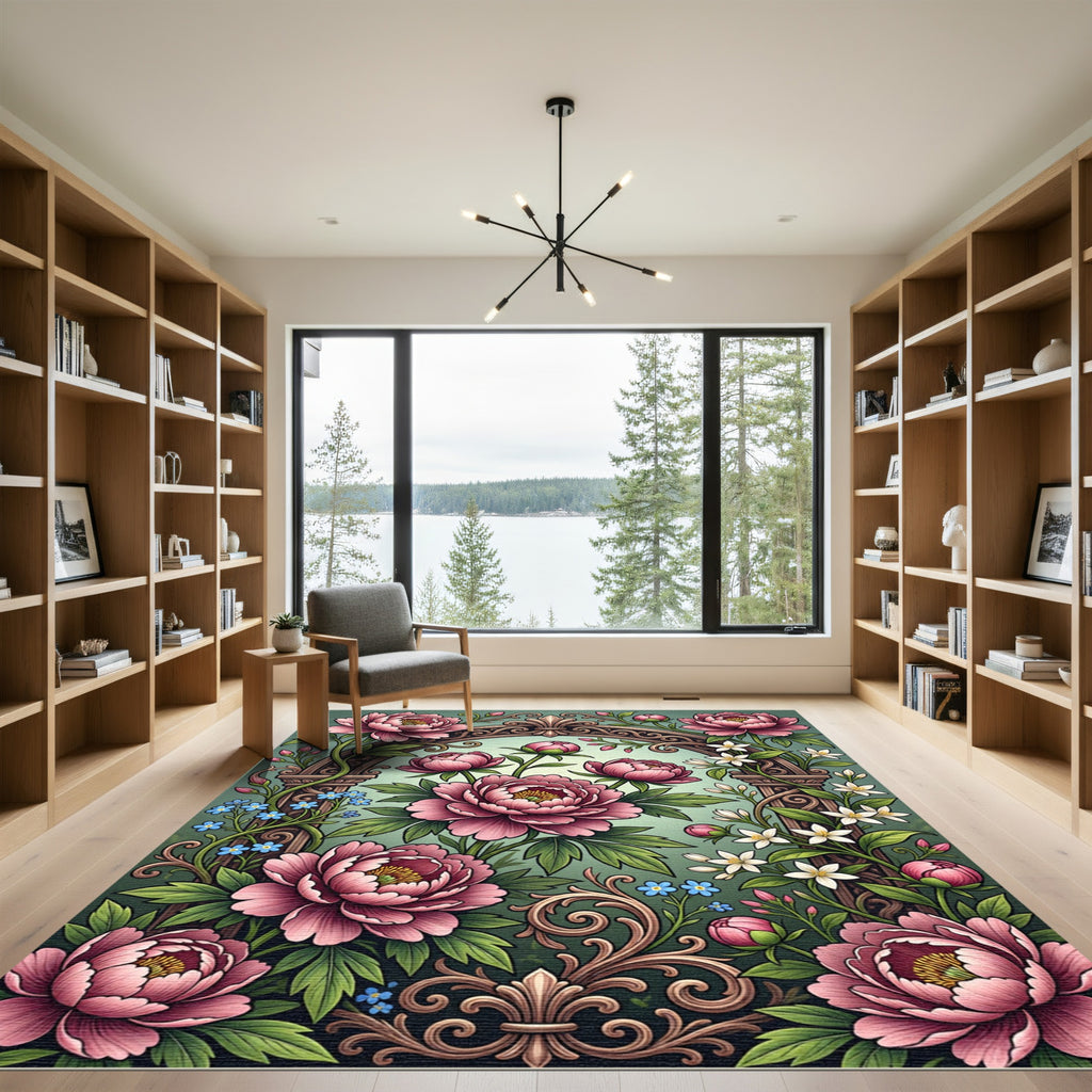 Elegant Pink Peony Archway Floral Rug