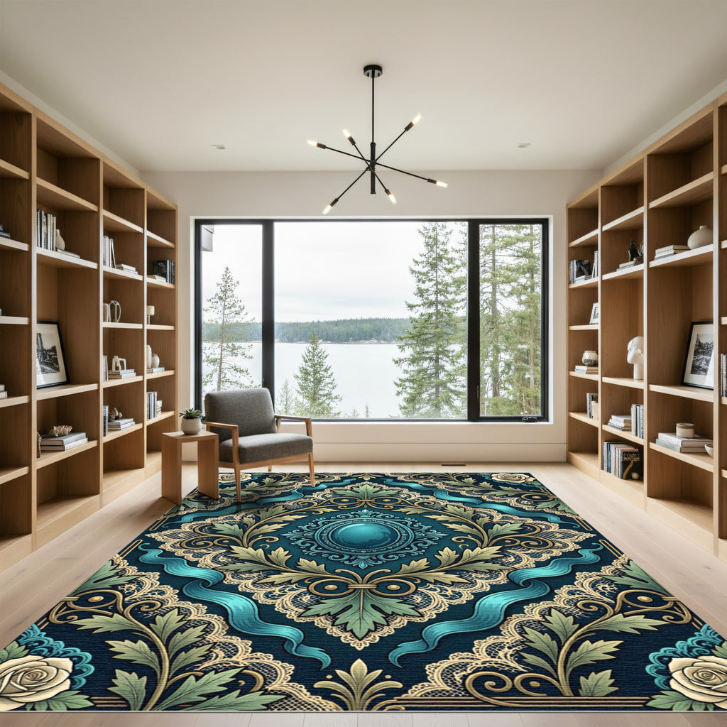 Ornate Teal Victorian Rose Damask Rug