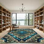 Ornate Teal Victorian Rose Damask Rug