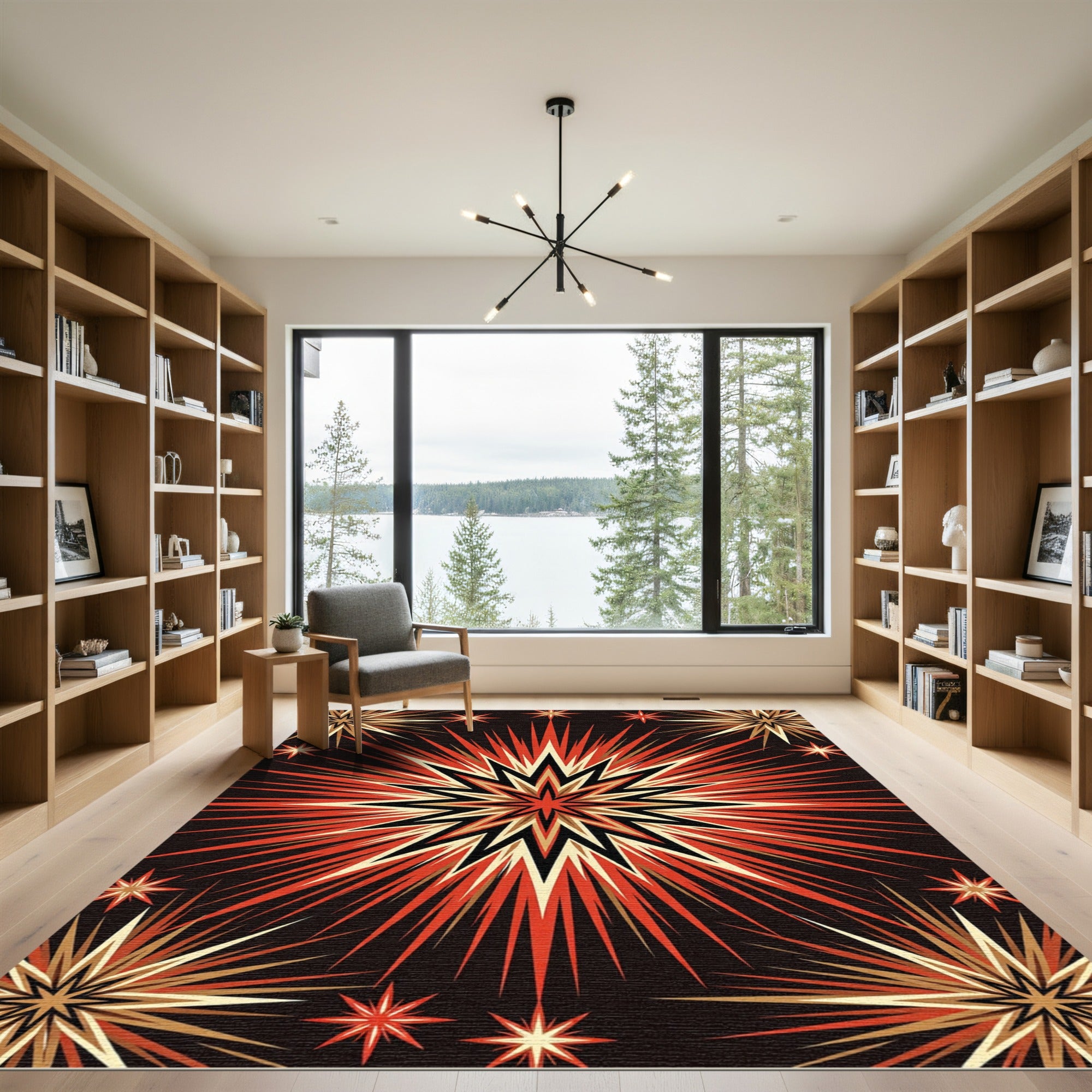 Vibrant Red Celestial Burst Art Rug