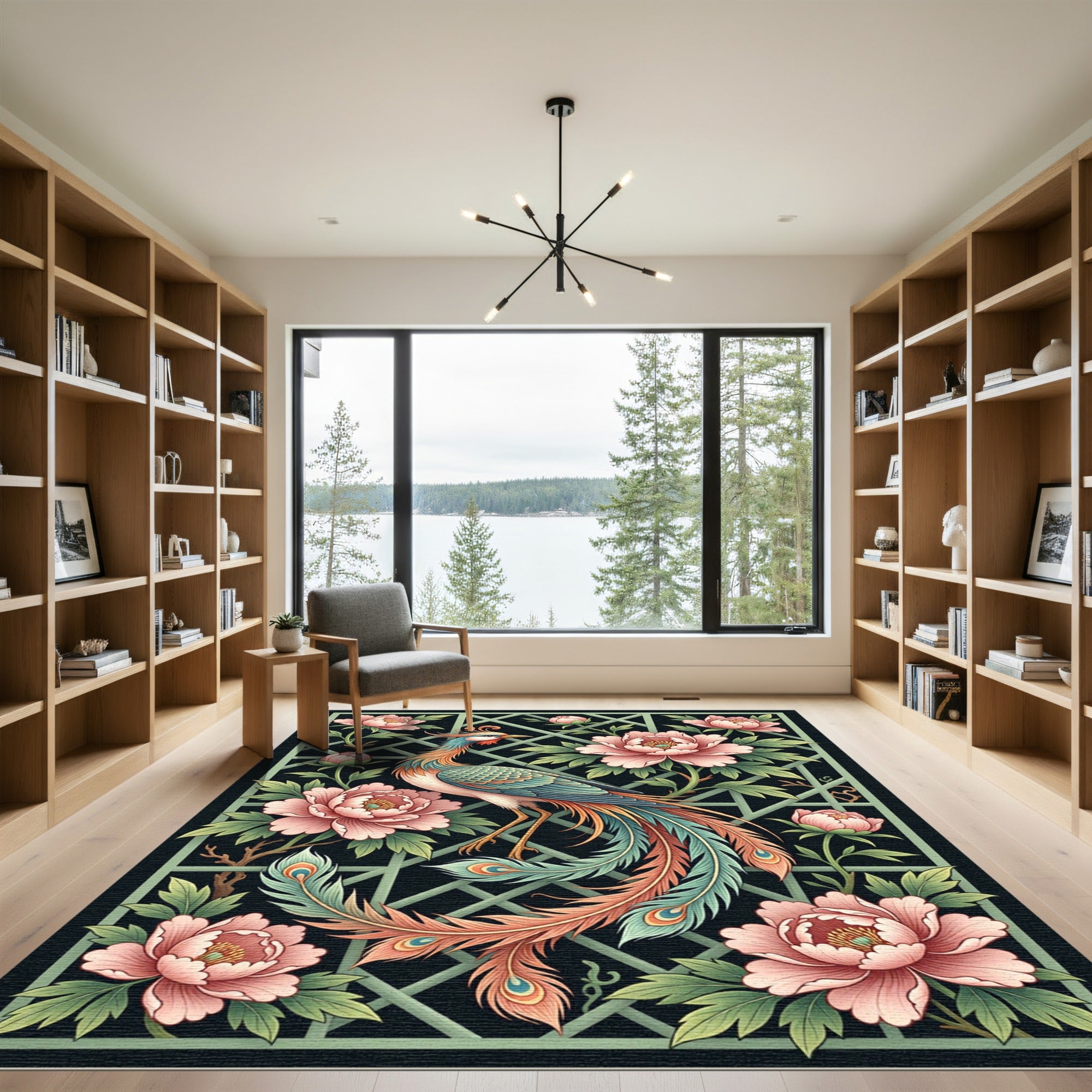 Elegant Peacock and Peony Floral Grille Rug