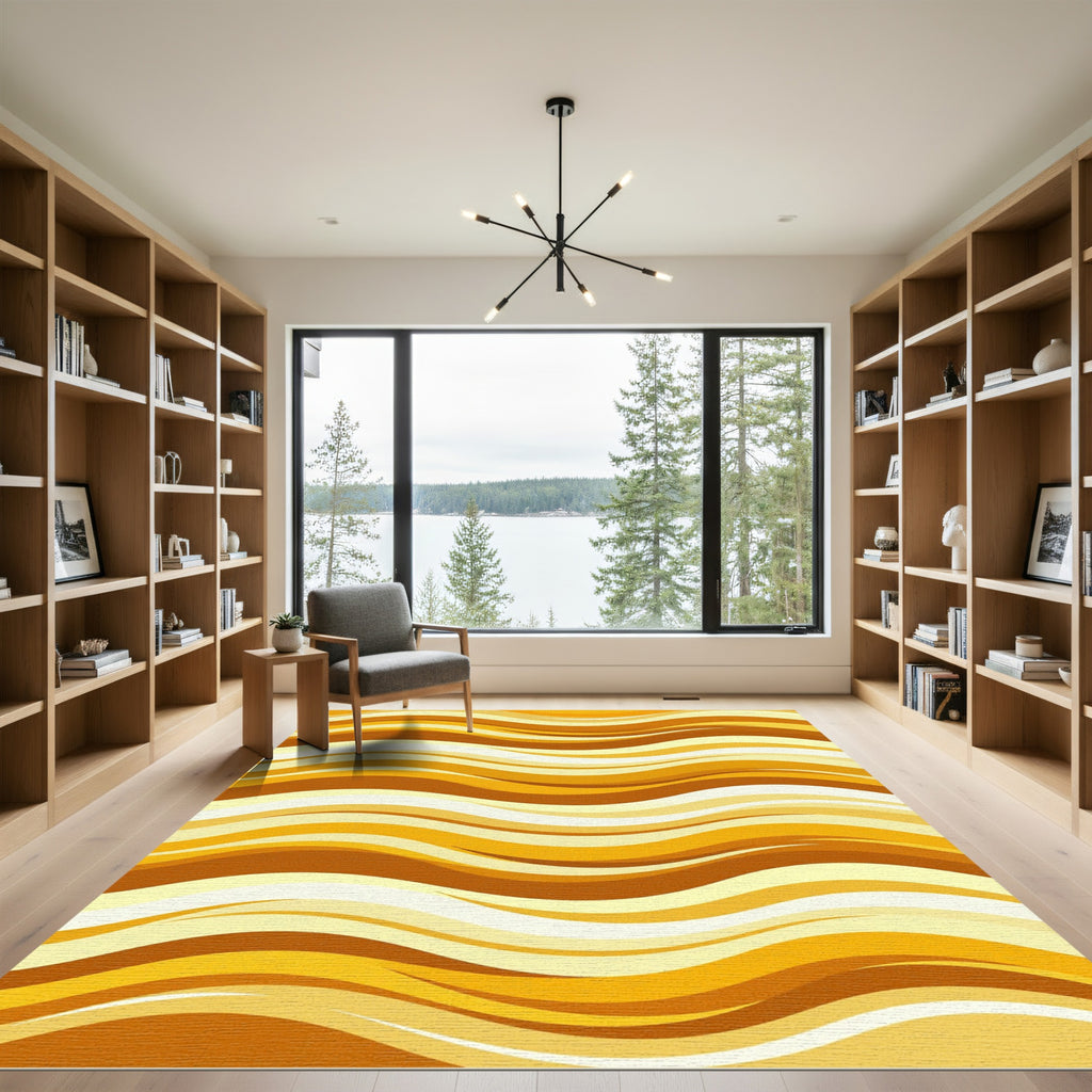 Golden Abstract Wavy Sunset Layered Lines Rug
