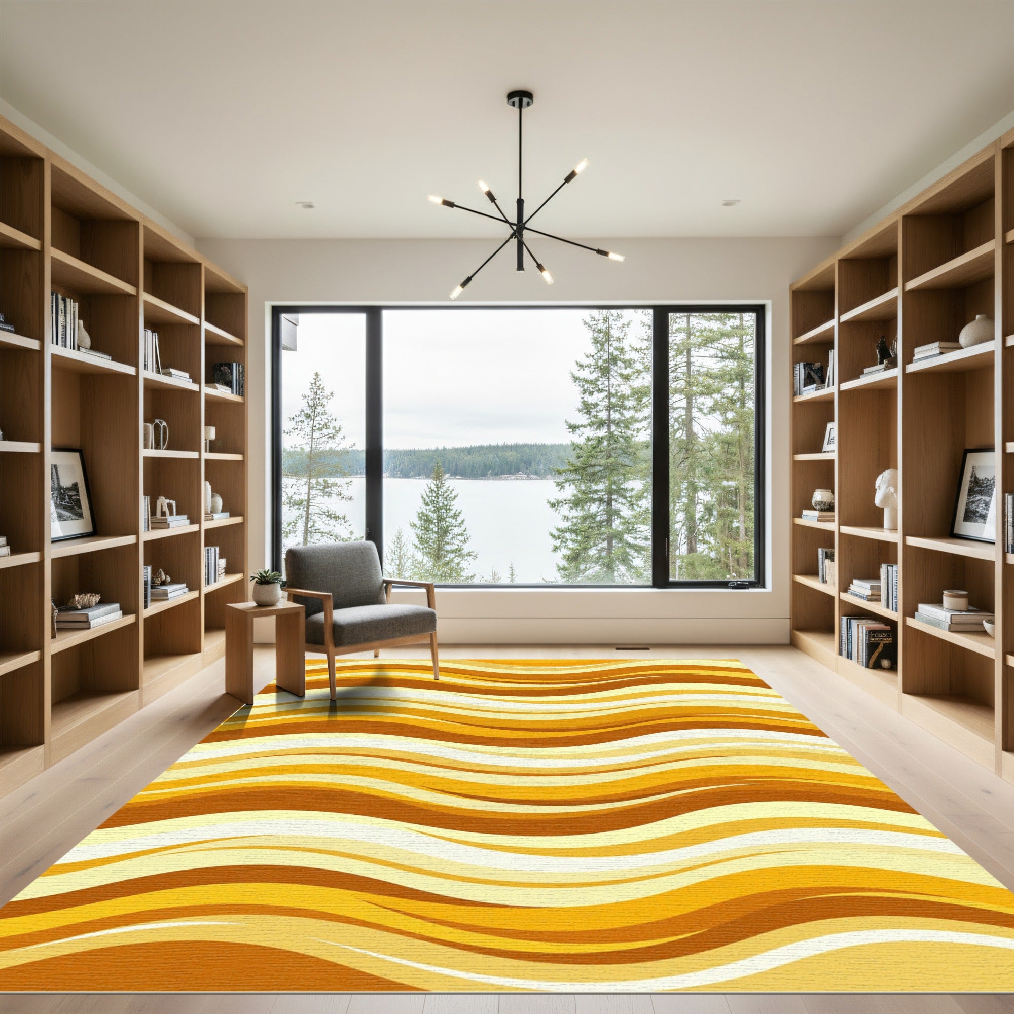 Golden Abstract Wavy Sunset Layered Lines Rug