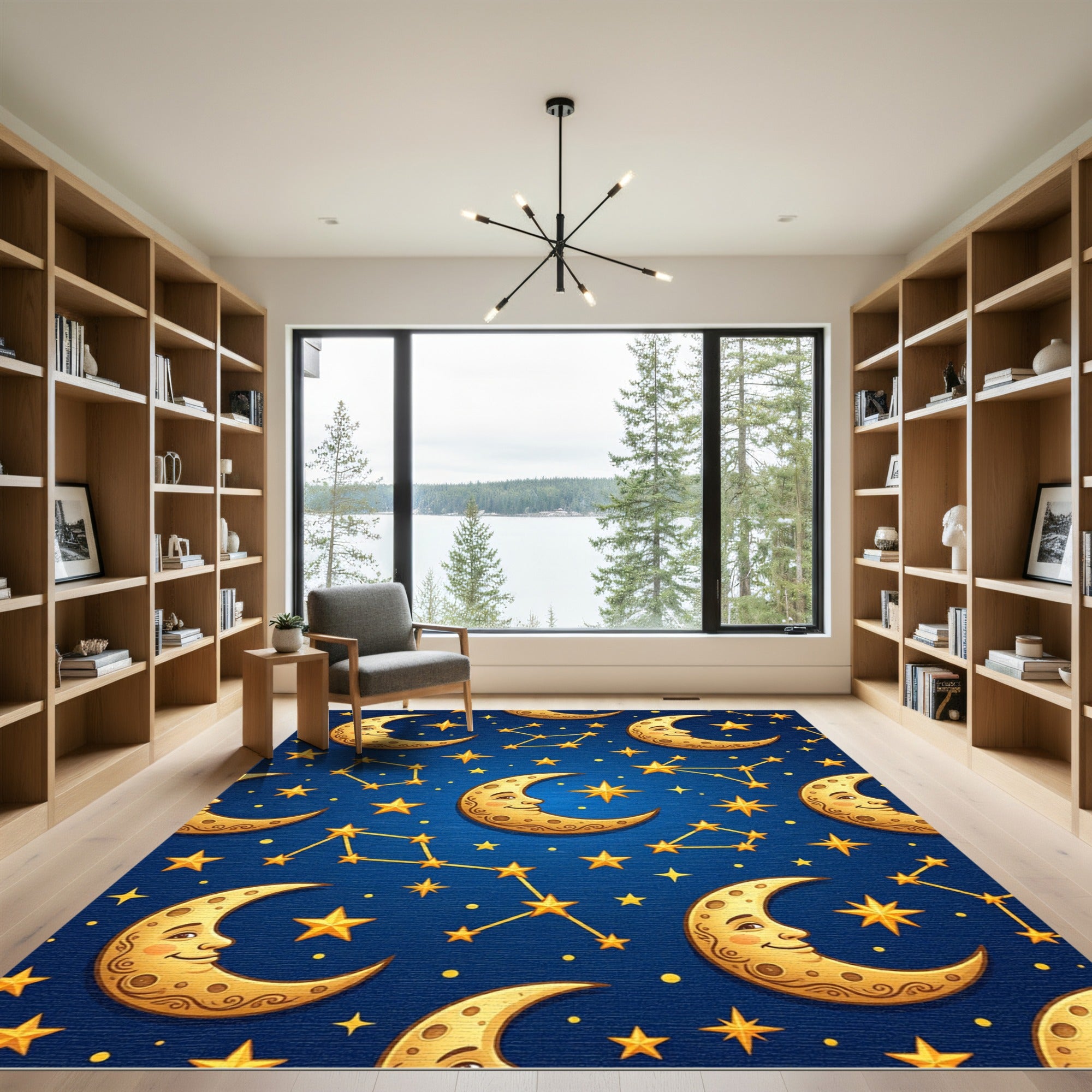Whimsical Celestial Crescent Moon Night Sky Rug