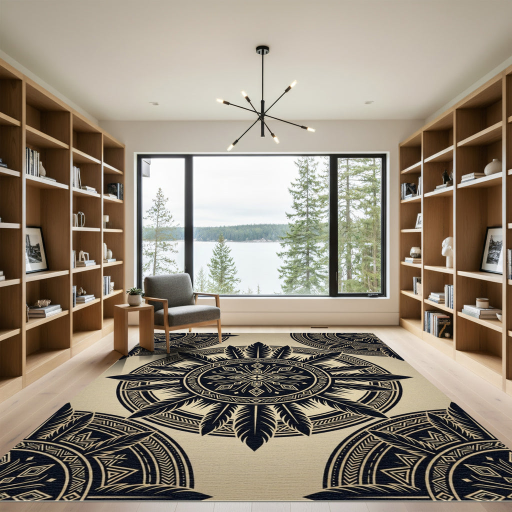 Black Feathered Geometric Mandala Medallion Rug