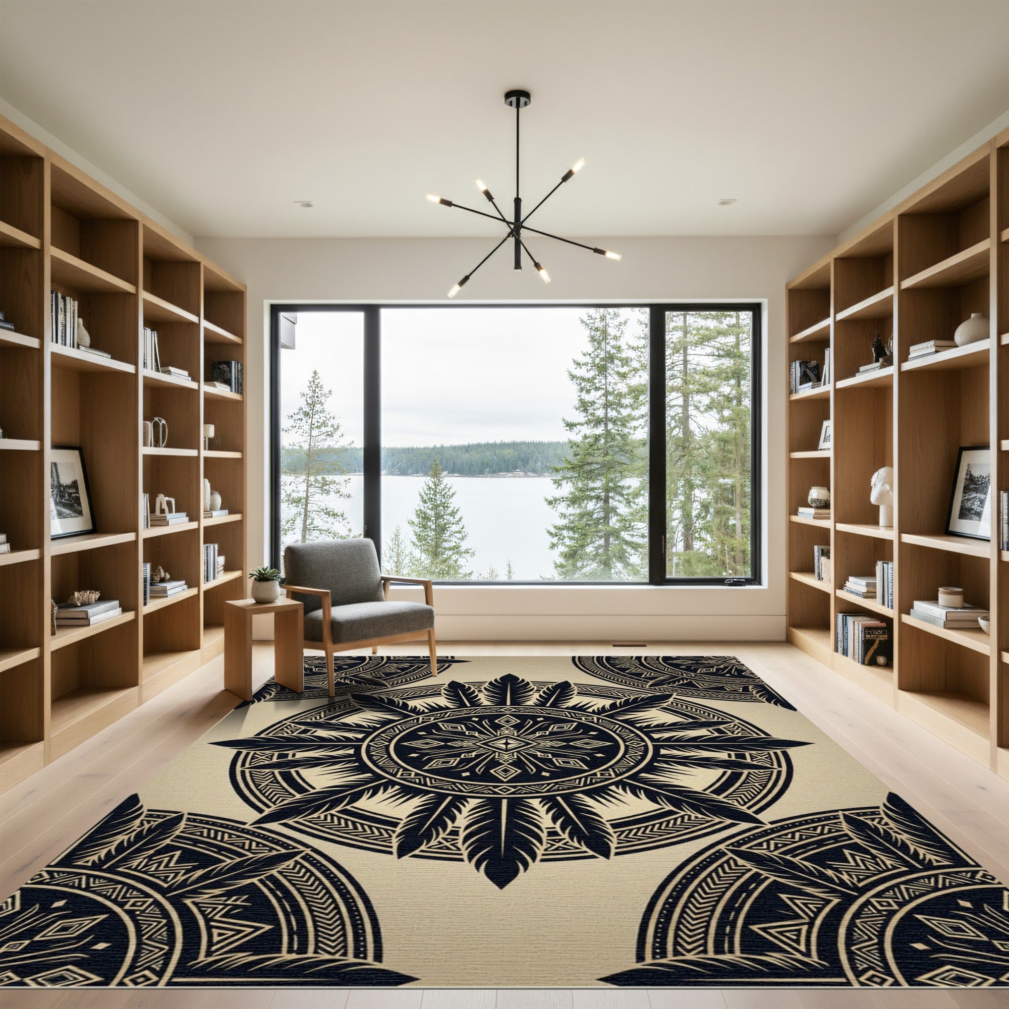 Black Feathered Geometric Mandala Medallion Rug