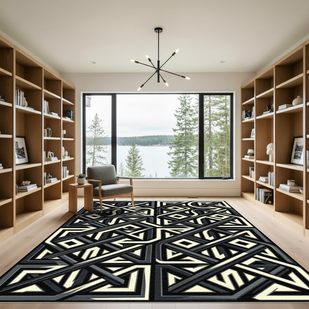 Monochrome Abstract Geometric Interlocking Line Rug