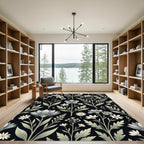 Monochromatic Botanical Wildflower Black Meadow Rug