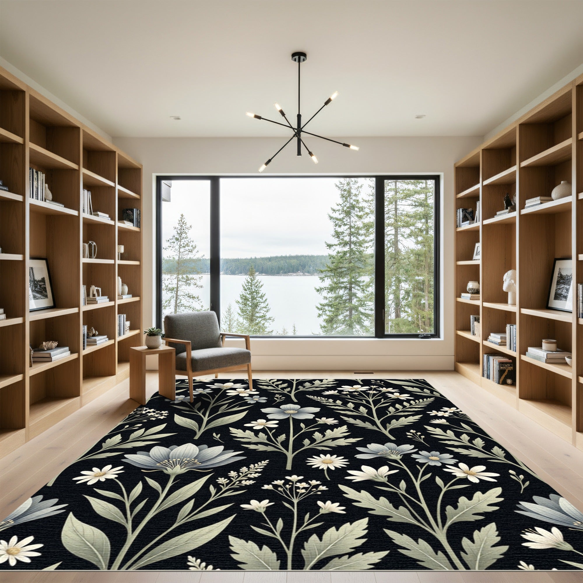 Monochromatic Botanical Wildflower Black Meadow Rug