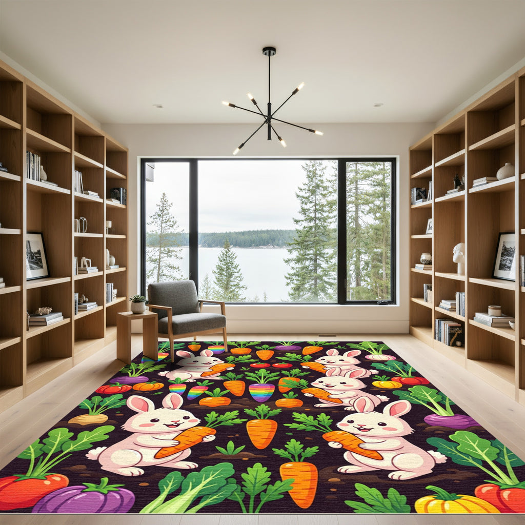 Playful Rabbit and Rainbow Carrot Garden Rug
