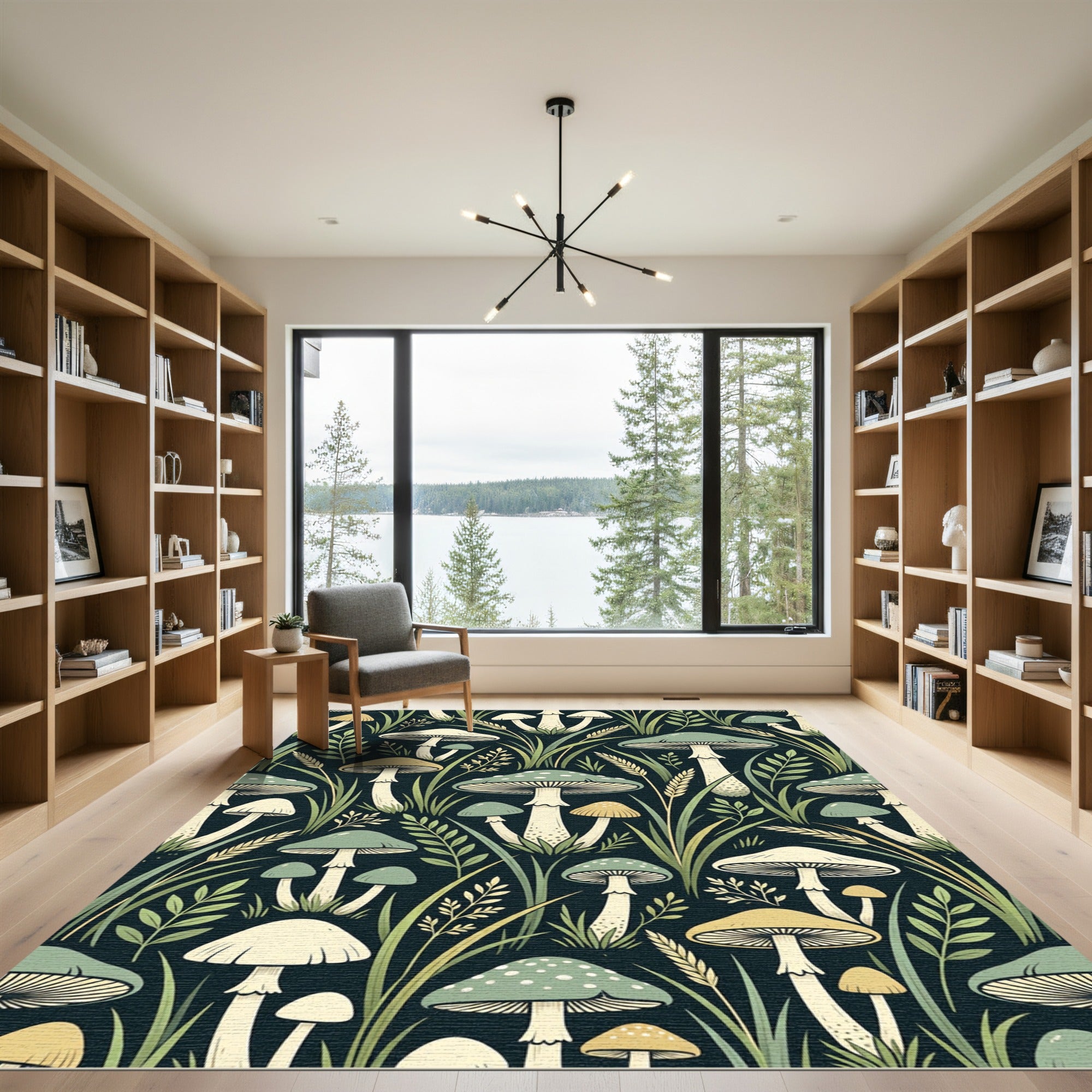 Whimsical Forest Mushroom and Wheat Botanical Rug