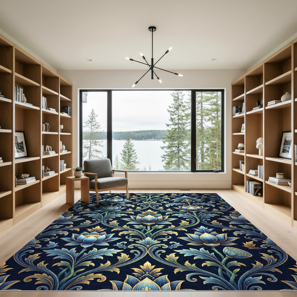 Deep Blue Golden Lotus Garden Rug