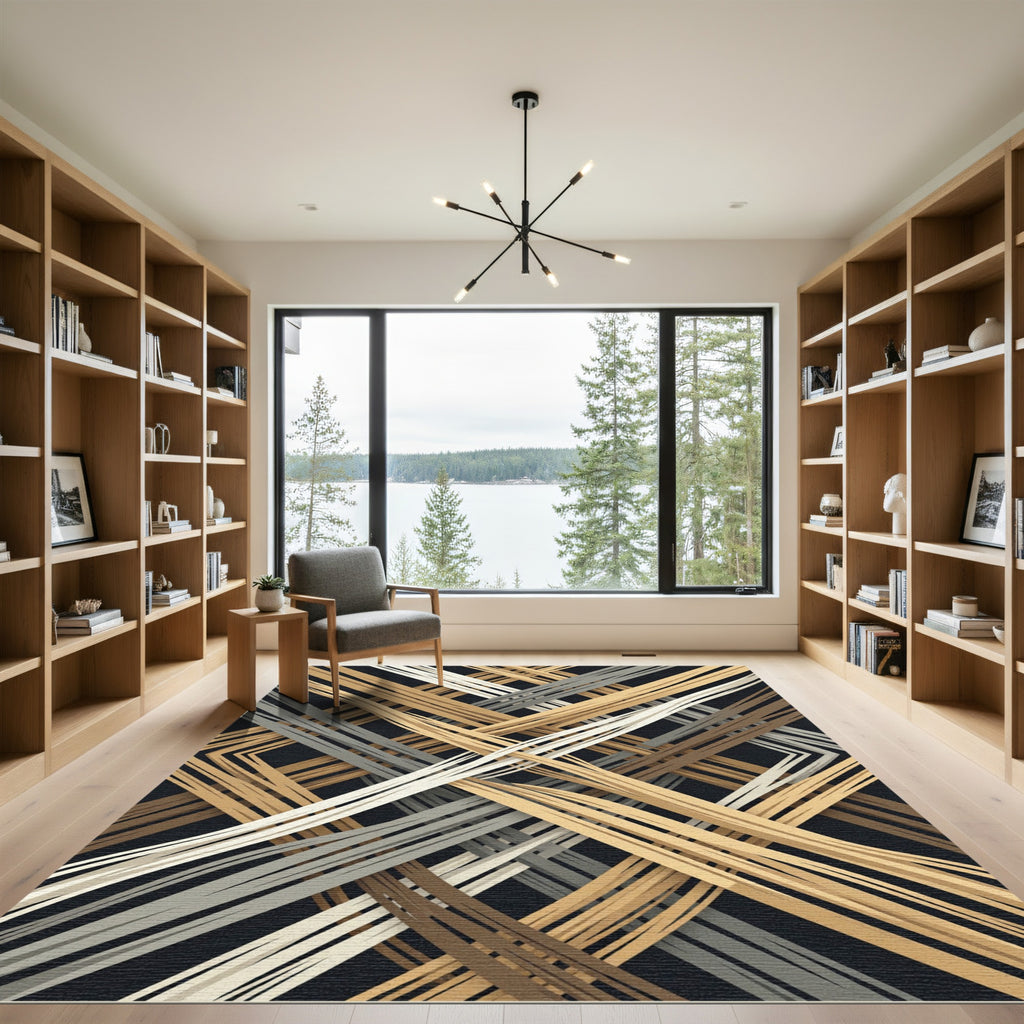 Abstract Neutral Tonal Interwoven Linear Grid Rug