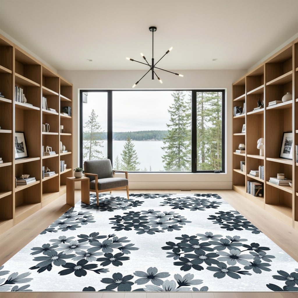Monochromatic Floral Bouquet Circular Composition Rug