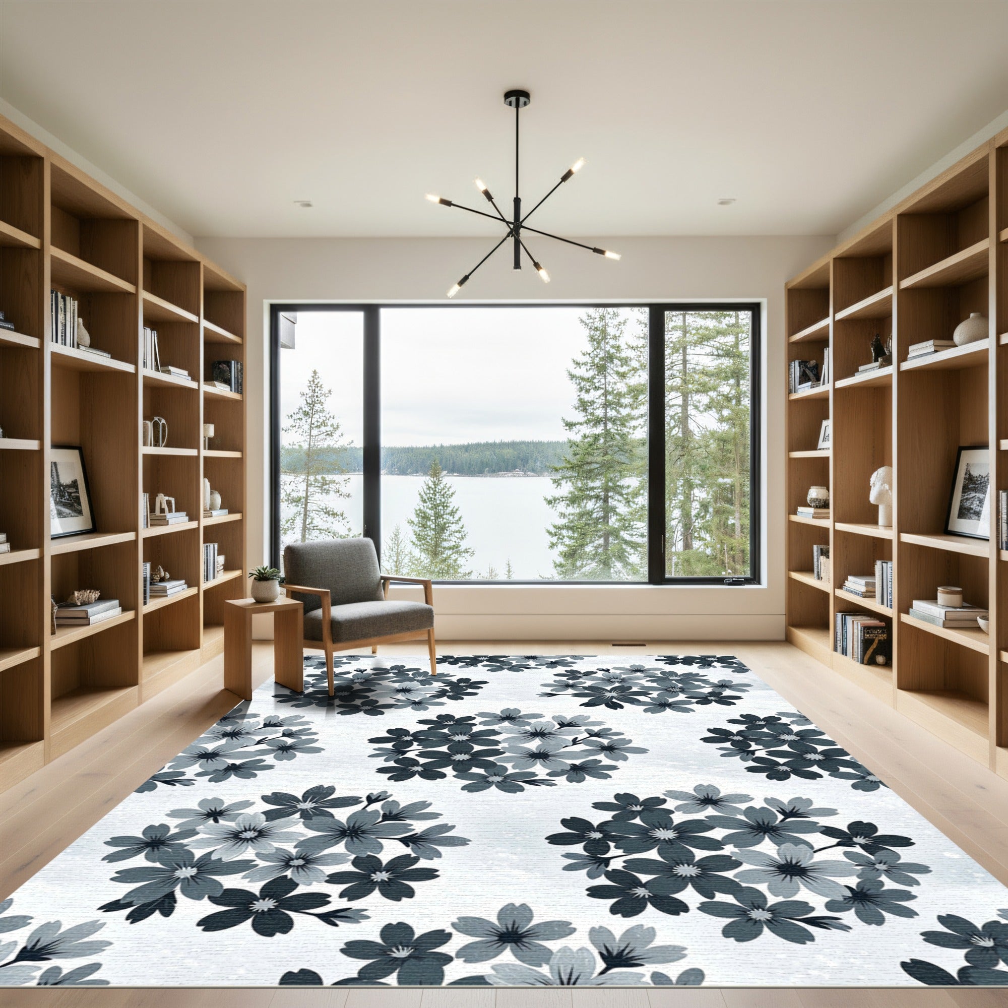 Monochromatic Floral Bouquet Circular Composition Rug