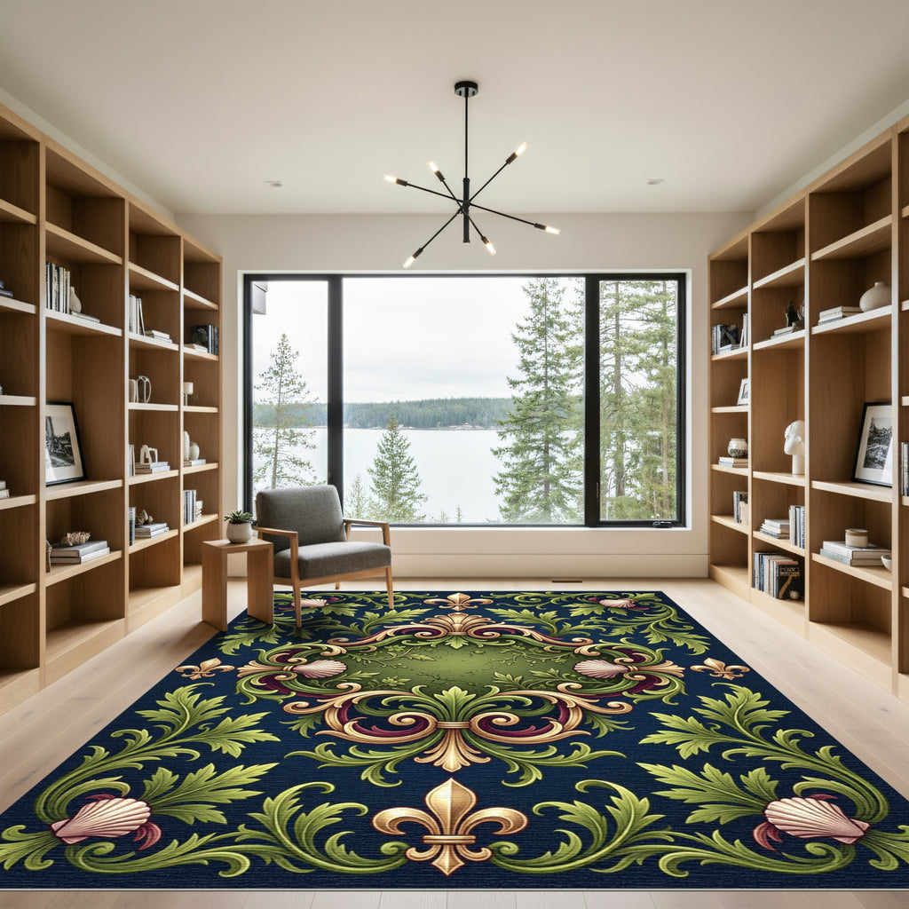 Ornate Fleur de Lis Shell Scrollwork Rug