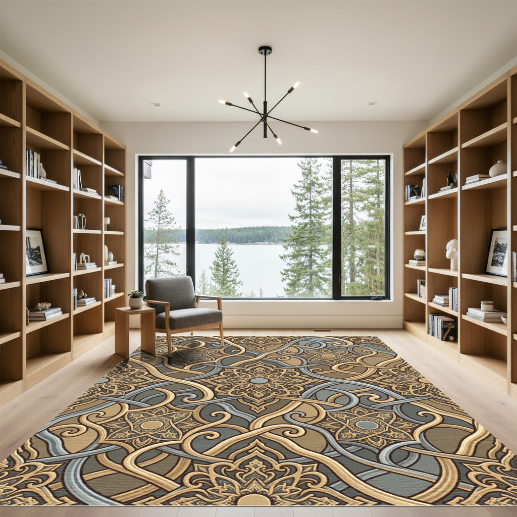 Intricate Gold Gray Arabesque Scroll Rug