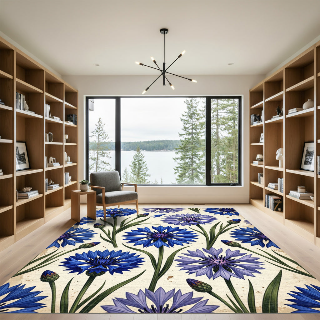 Blue Cornflower Garden Botanical Art Rug