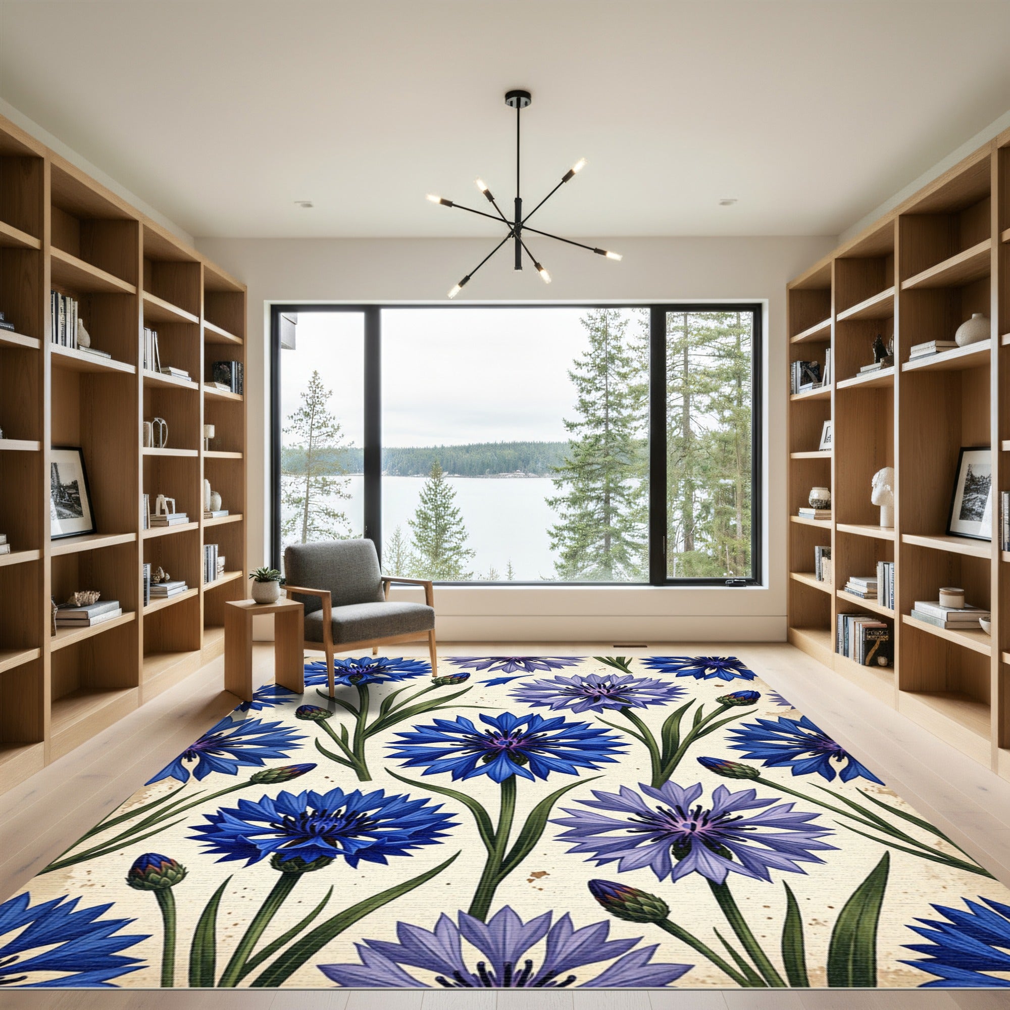 Blue Cornflower Garden Botanical Art Rug