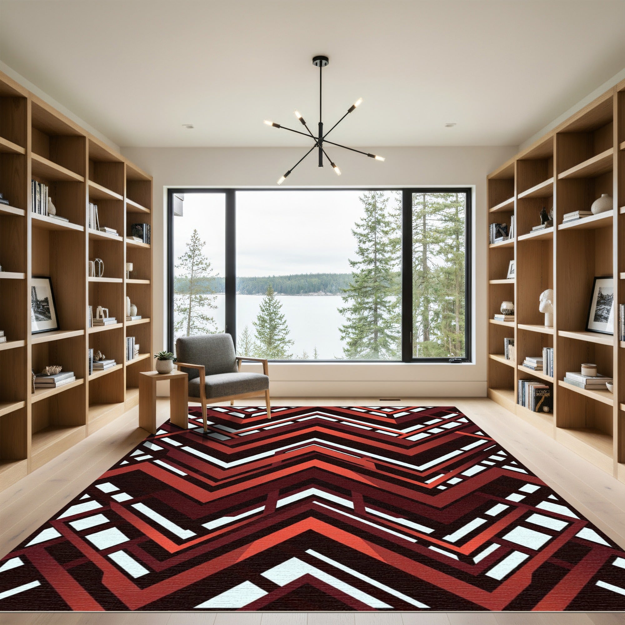 Bold Crimson Geometric Chevron Abstract Rug