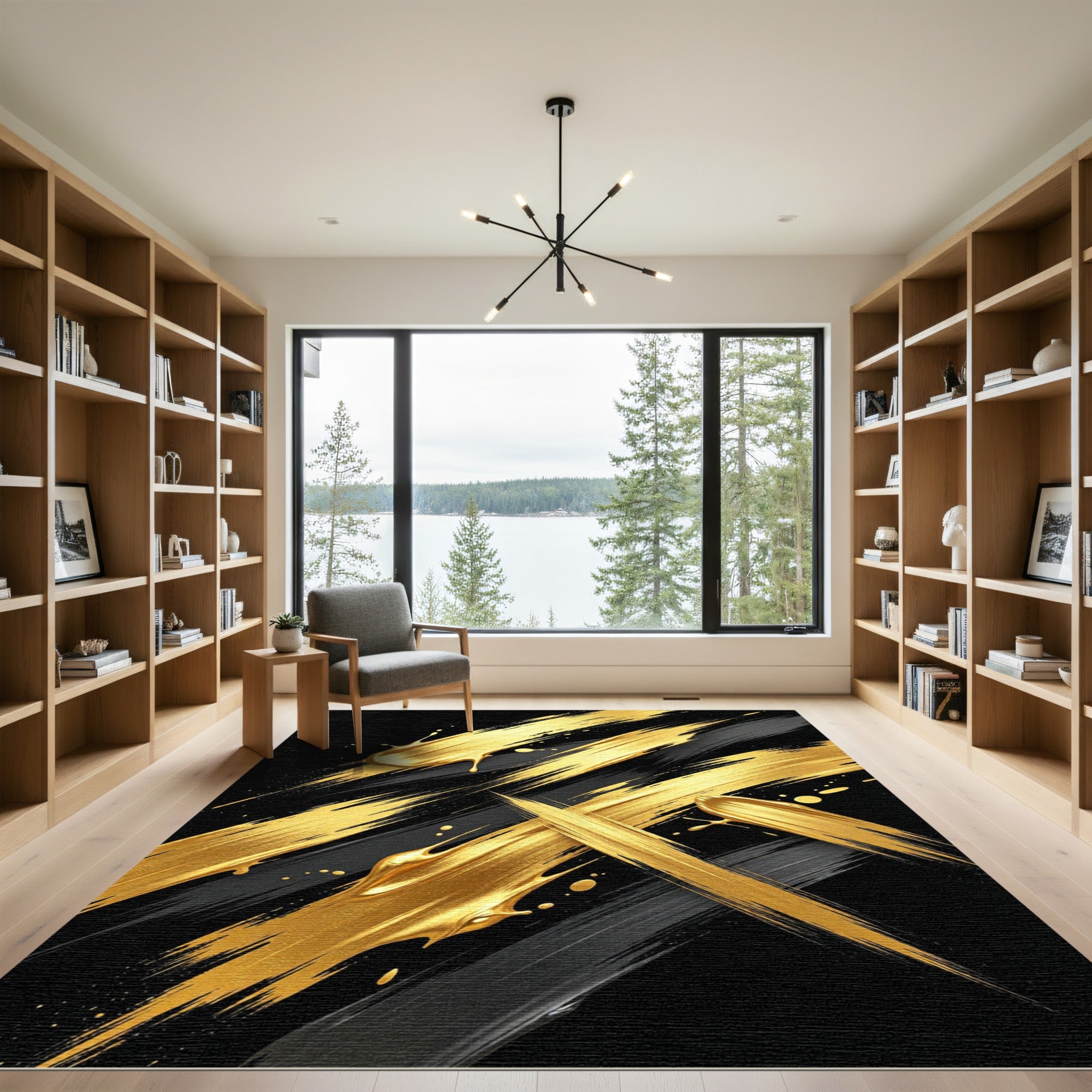 Black and Gold Metallic Abstract Stroke Rug