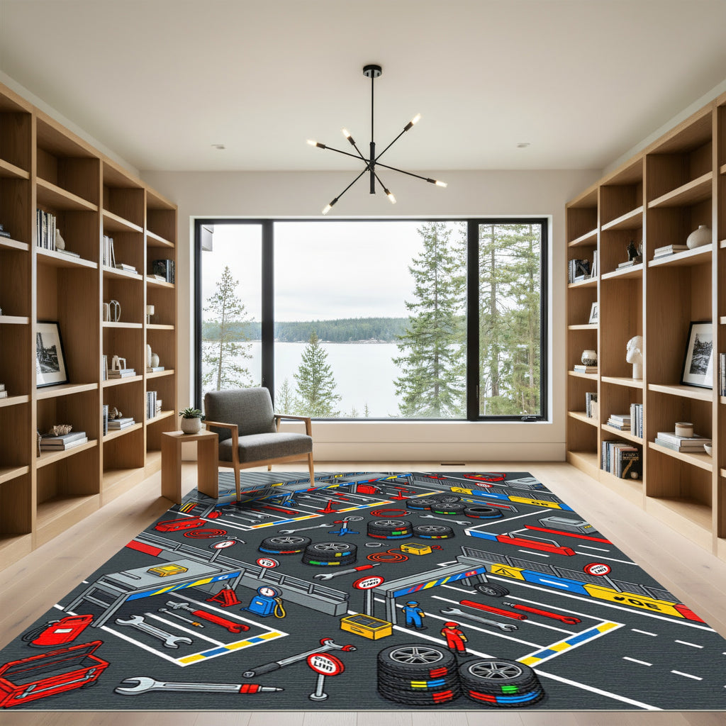 Isometric Racing Pit Crew Tool Grid Rug