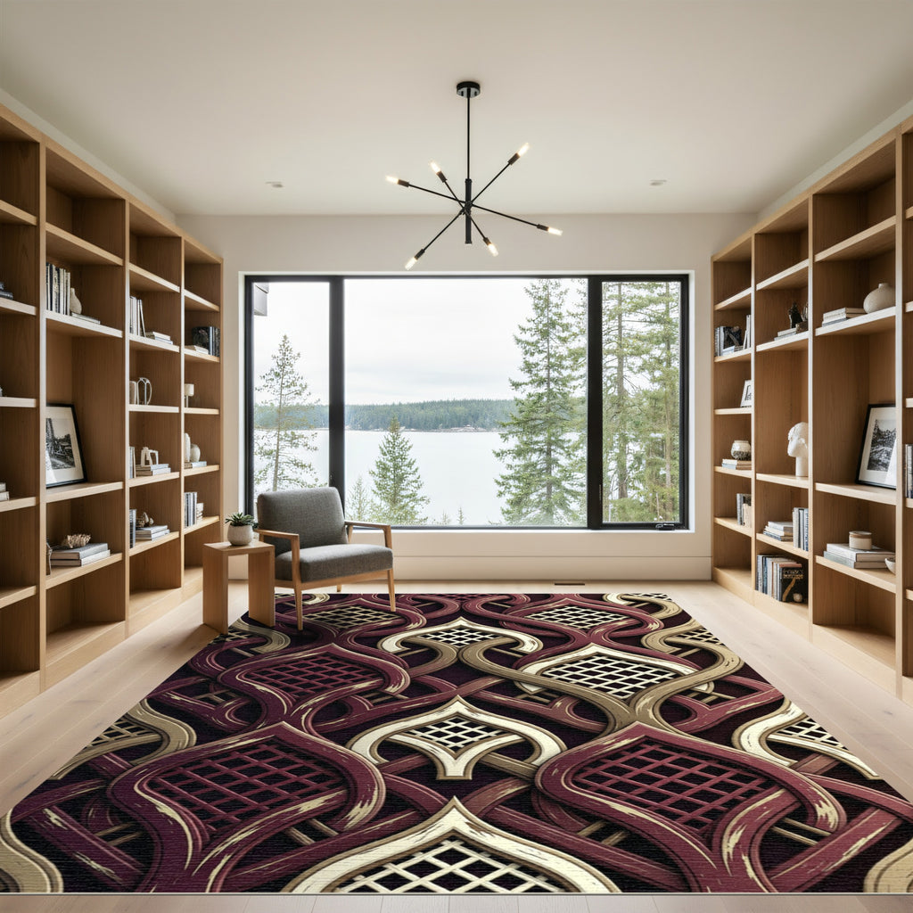 Intricate Crimson Gold Lattice Scroll Rug