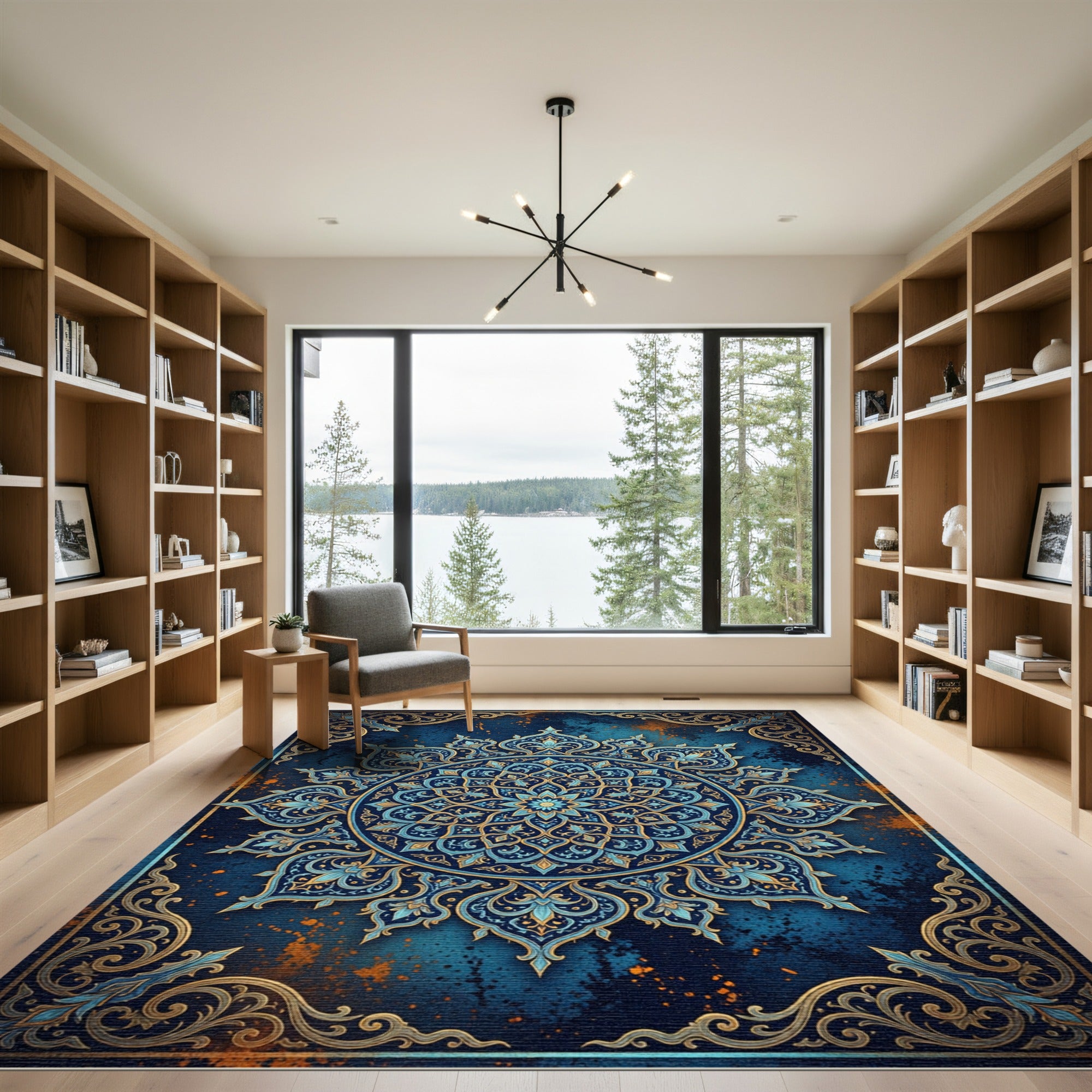 Ornate Sapphire Mandala Golden Filigree Rug