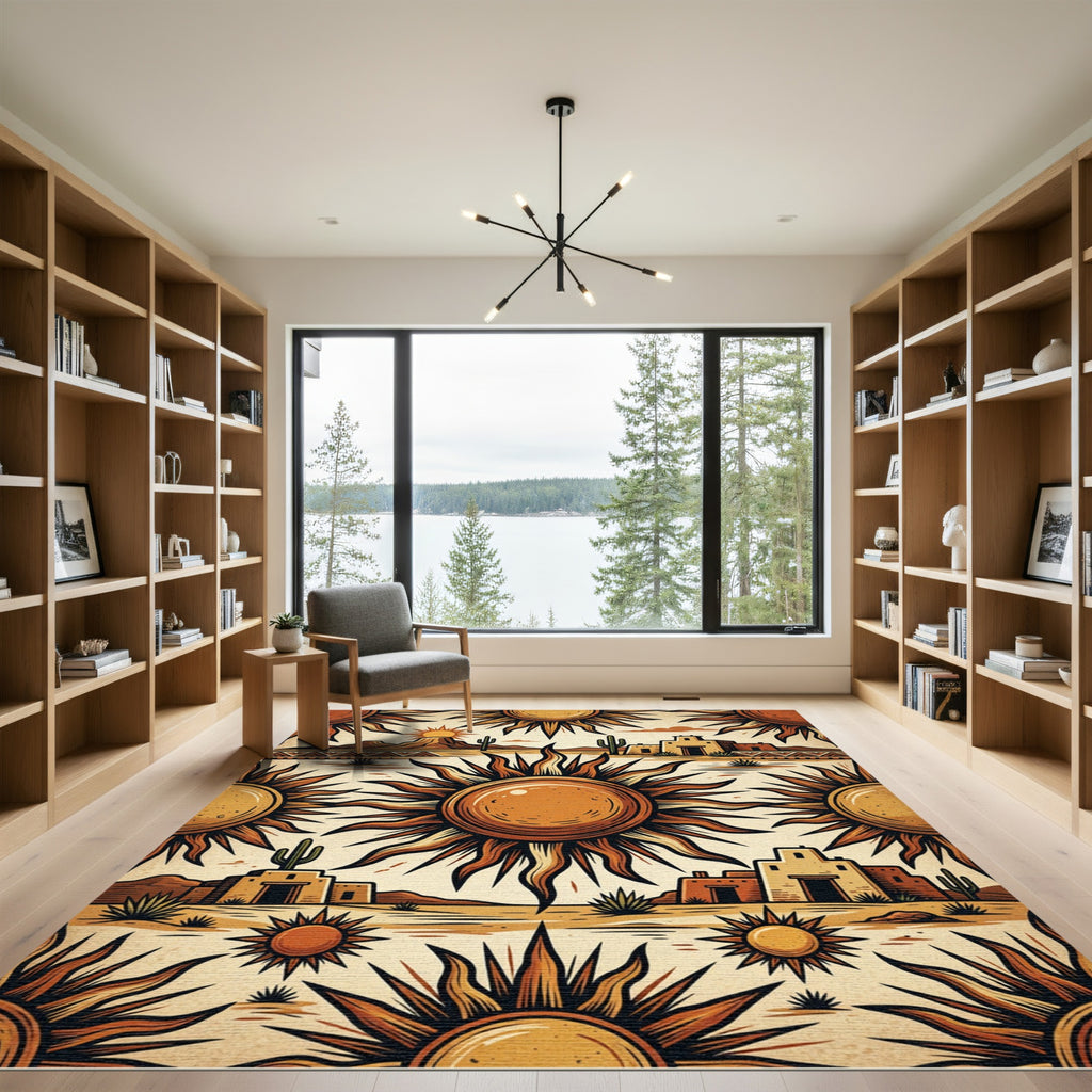 Golden Sun Desert Landscape Pueblo Illustration Rug