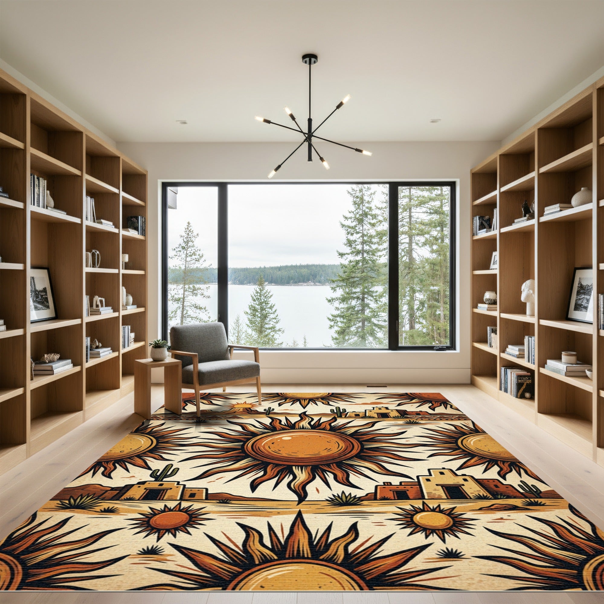 Golden Sun Desert Landscape Pueblo Illustration Rug