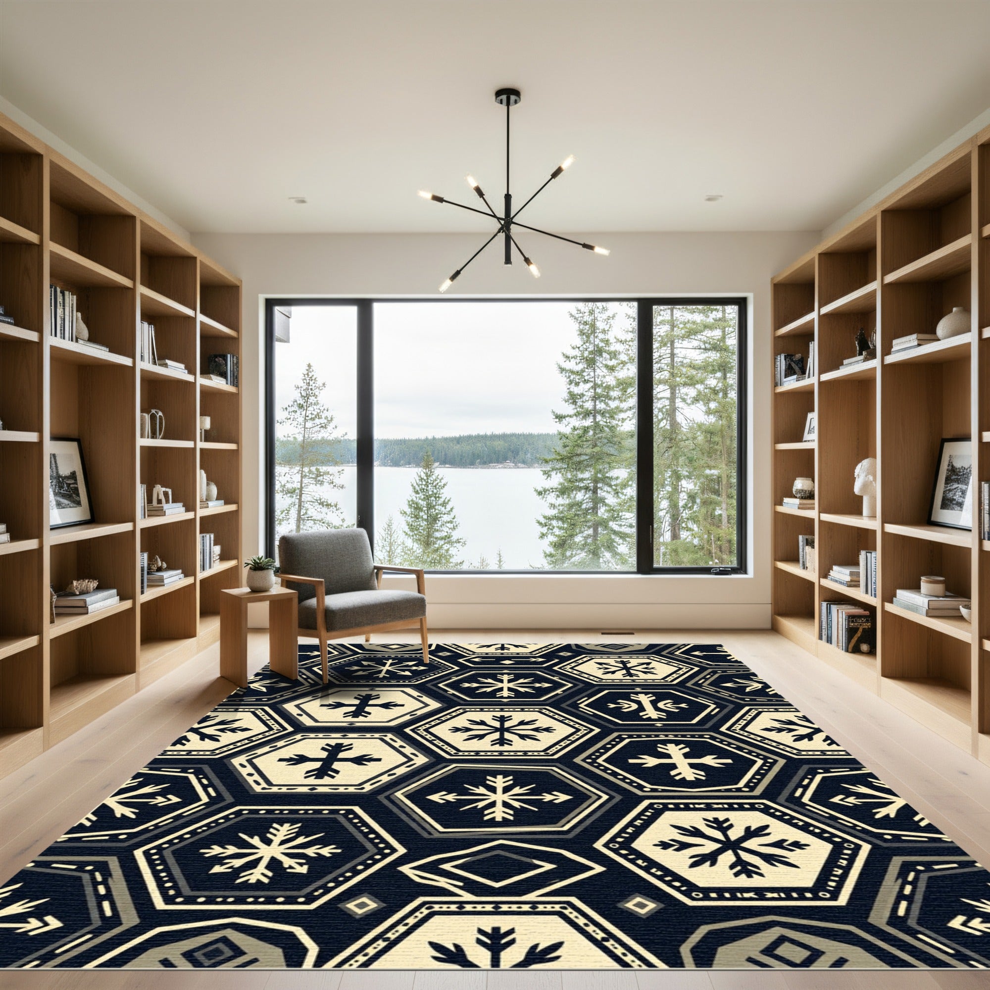 Dark Hexagonal Snowflake Geometric Rug